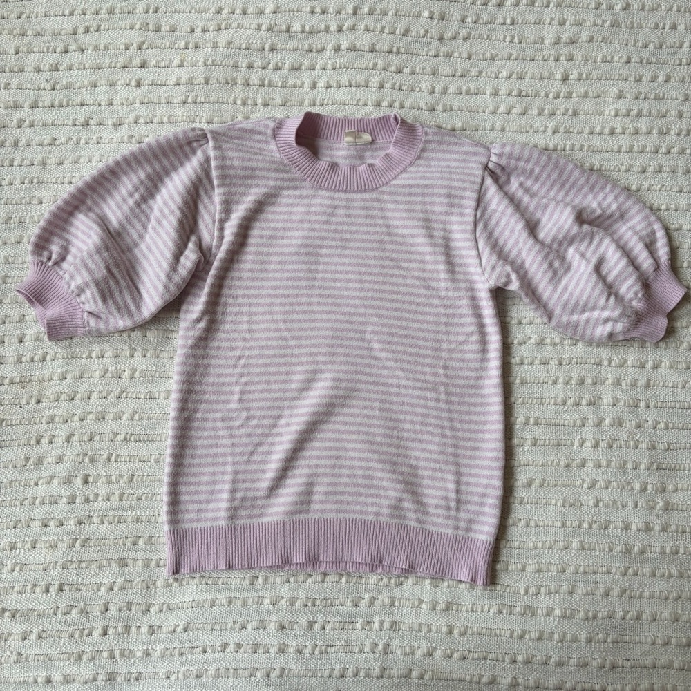Anthropologie Light Pink Striped Puff Sleeve Sweater